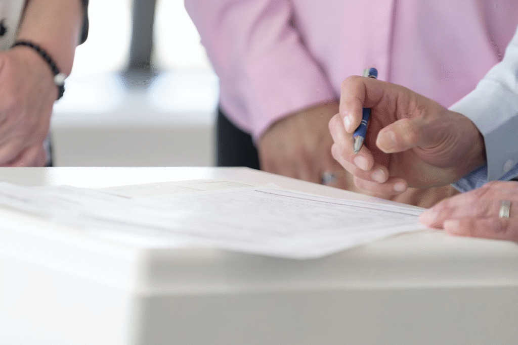 hands signing a document.
