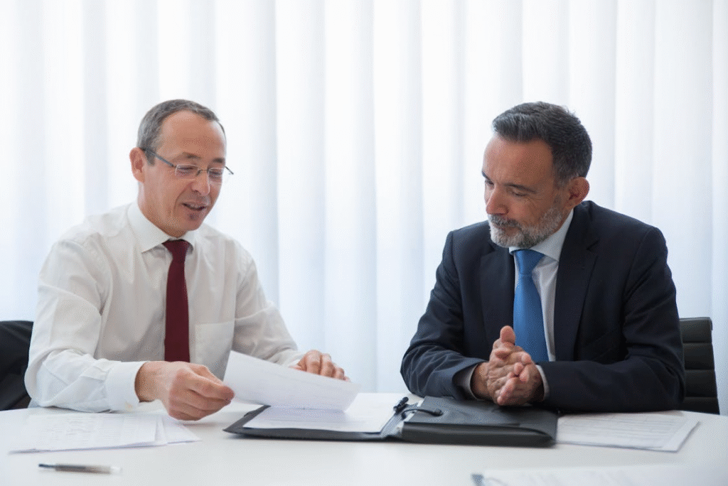 two men going over documents.
