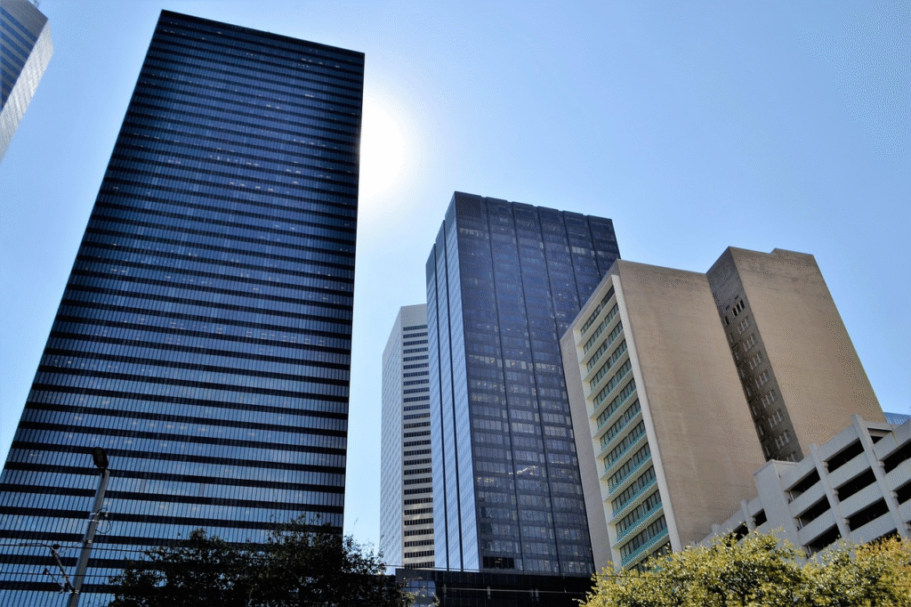 Modern office building exterior in a commercial district.