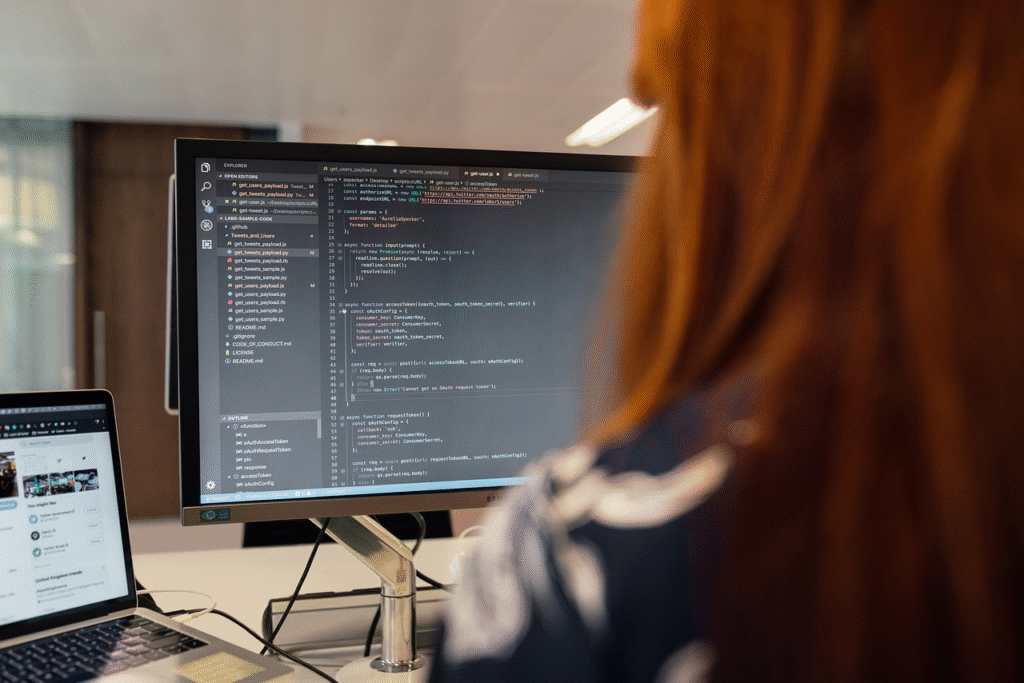 Female software developer writing code for business application